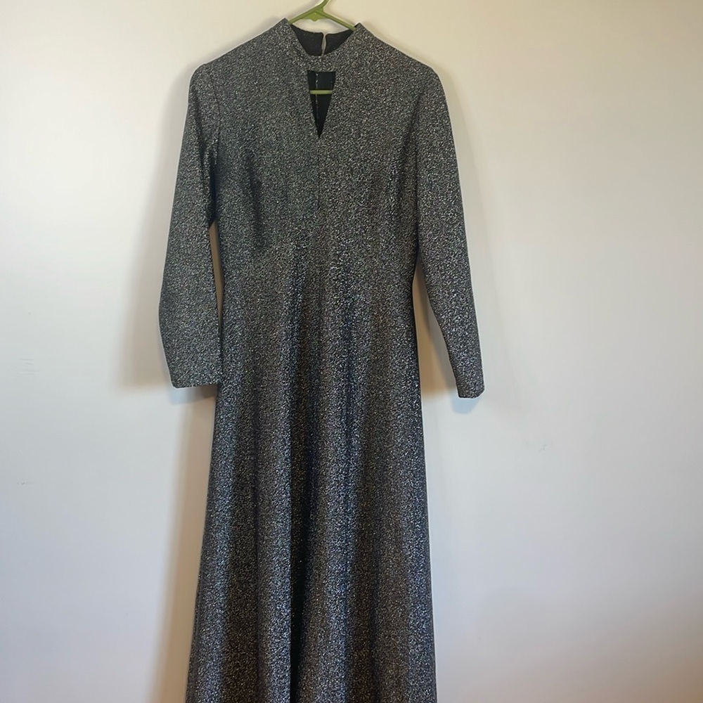 VTG Disco Glam Sears Metallic Dress Maxi LG Graphite Gray Silver 70s Futuristic